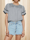 Smocked Plaid Round Neck Layered Short Sleeve Blouse - felvior