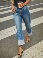 High Waisted Straight Leg Rolled Jeans