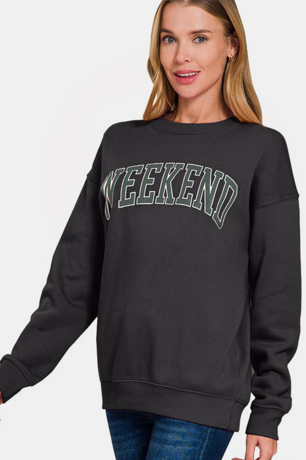 Zenana WEEKEND Round Neck Dropped Shoulder Sweatshirt - felvior