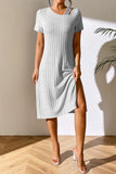 Ivy Lane Ribbed Asymmetrical Neck Short Sleeve Dress - felvior