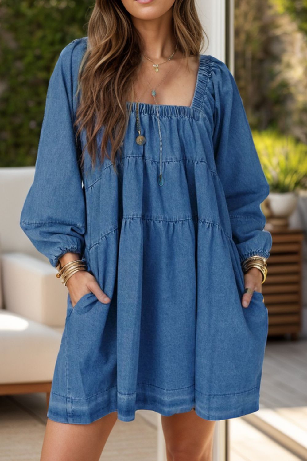 Tied Square Neck Long Sleeve Denim Dress with Pockets - felvior