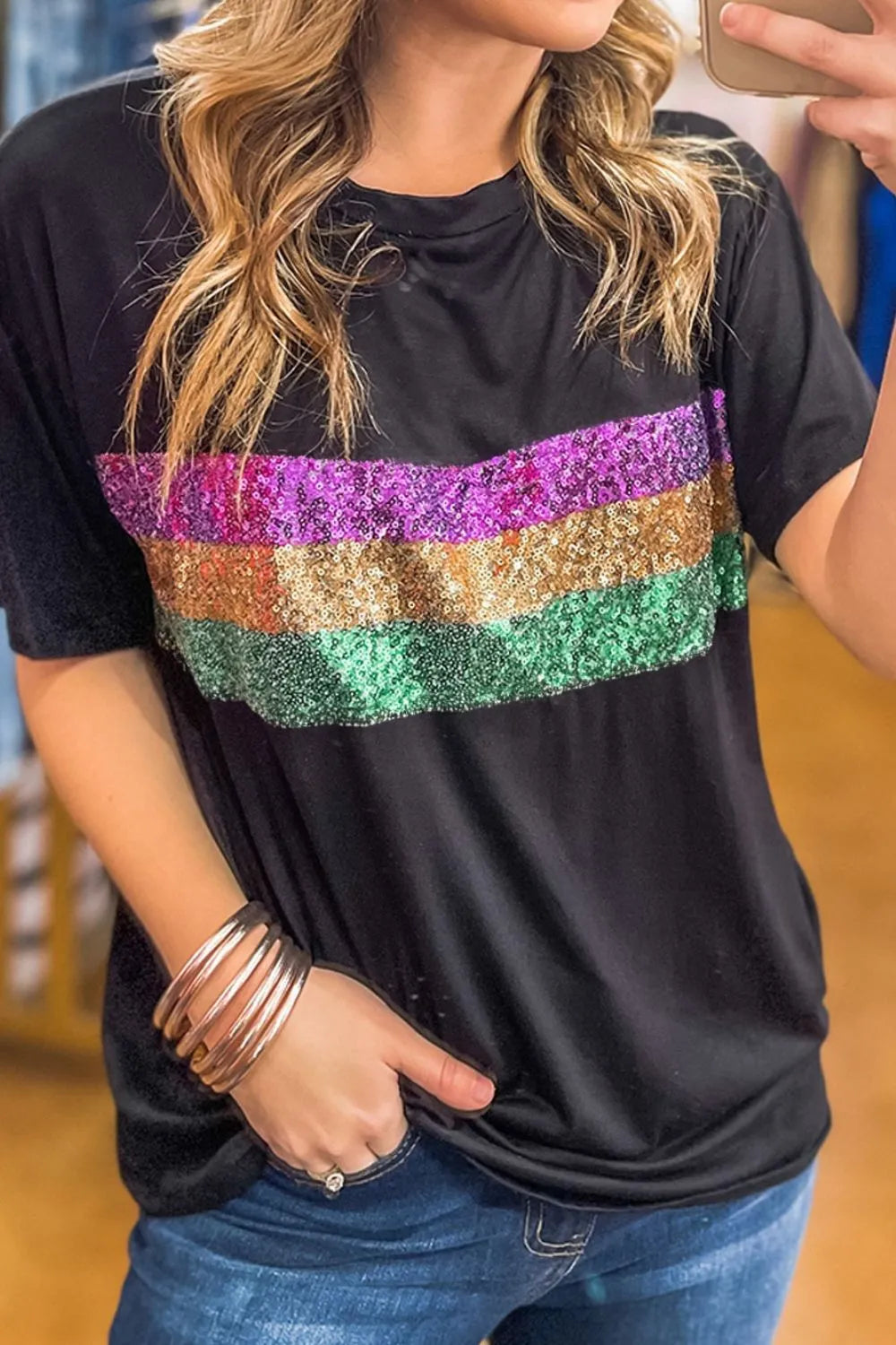 Sequin Stripes Crew Neck T Shirt