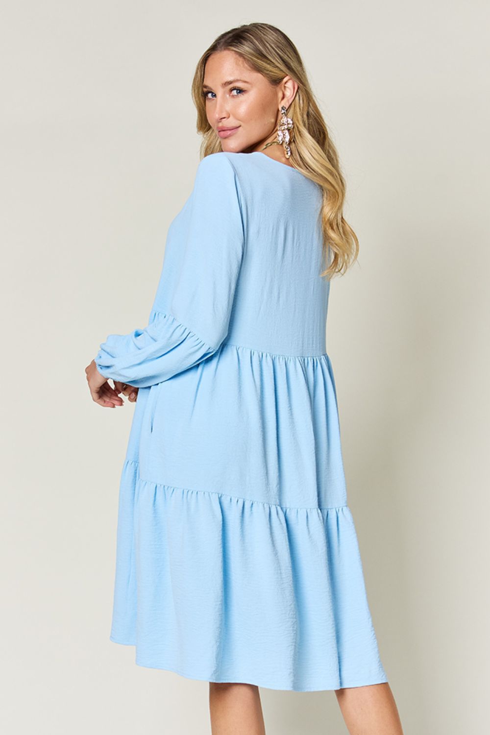 Double Take Full Size V-Neck Balloon Sleeve Tiered Dress with Pockets - felvior