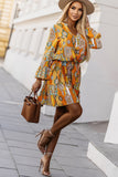 Printed Notched Neck Flounce Sleeve Dress - felvior