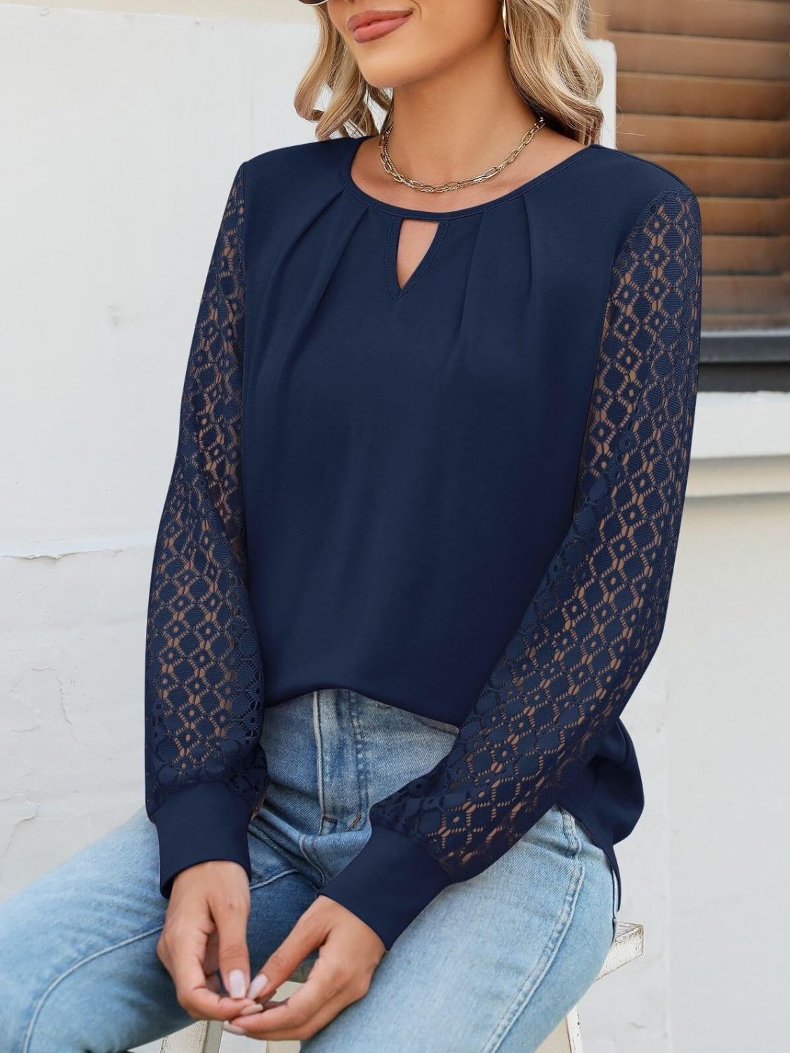 Cutout Round Neck Lace Long Sleeve Blouse - felvior