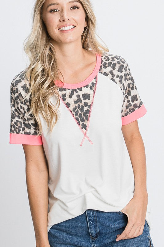 HeimishFull Size Leopard Round Neck Short Sleeve T-Shirt with Stitch Plus Size