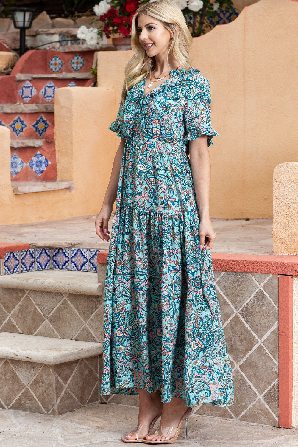 Paisley Print Flounce Sleeve Maxi Dress - felvior