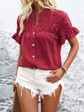 Button Down Ruffled Short Sleeve Shirt - felvior