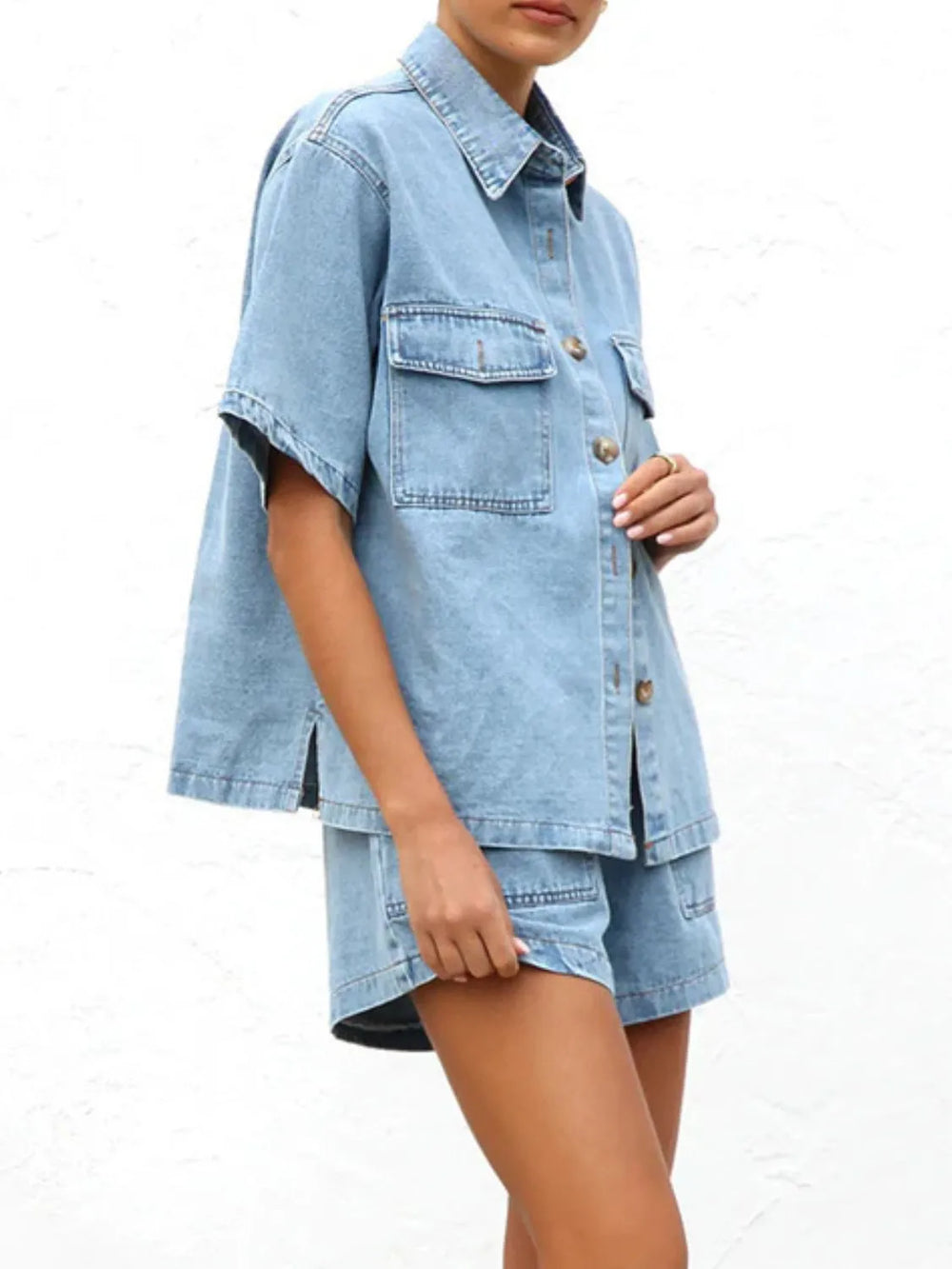 Button Up Short Sleeve Top and Shorts Denim Set