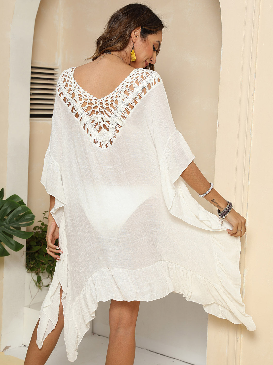 Cutout Ruffled Half Sleeve Cover-Up - felvior