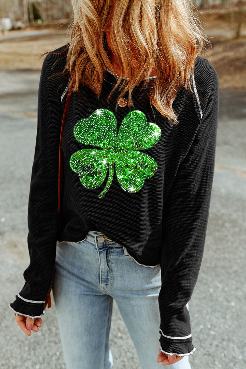 Sequin Lucky Clover Lettuce Trim Long Sleeve Top - felvior