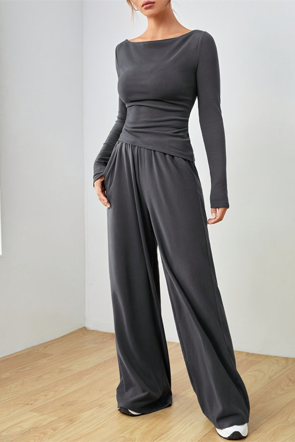 Boat Neck Long Sleeve Top and Pants Set - felvior