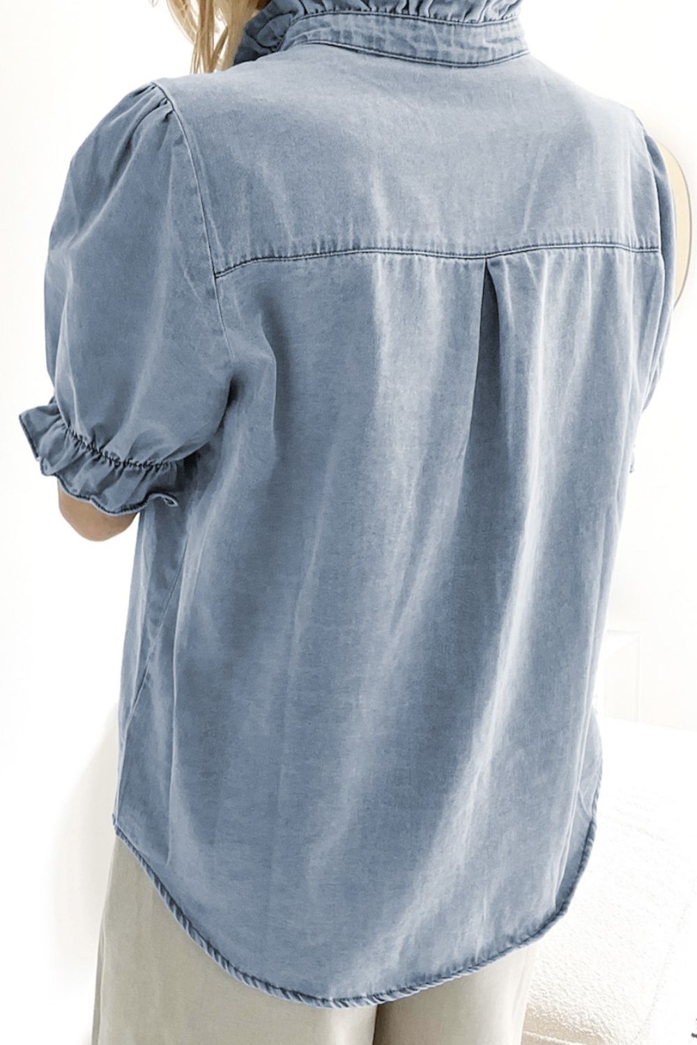Ruffle Short Puff Sleeve Button Down Denim Shirt - felvior