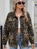 Pocketed Leopard Long Sleeve Denim Jacket - felvior