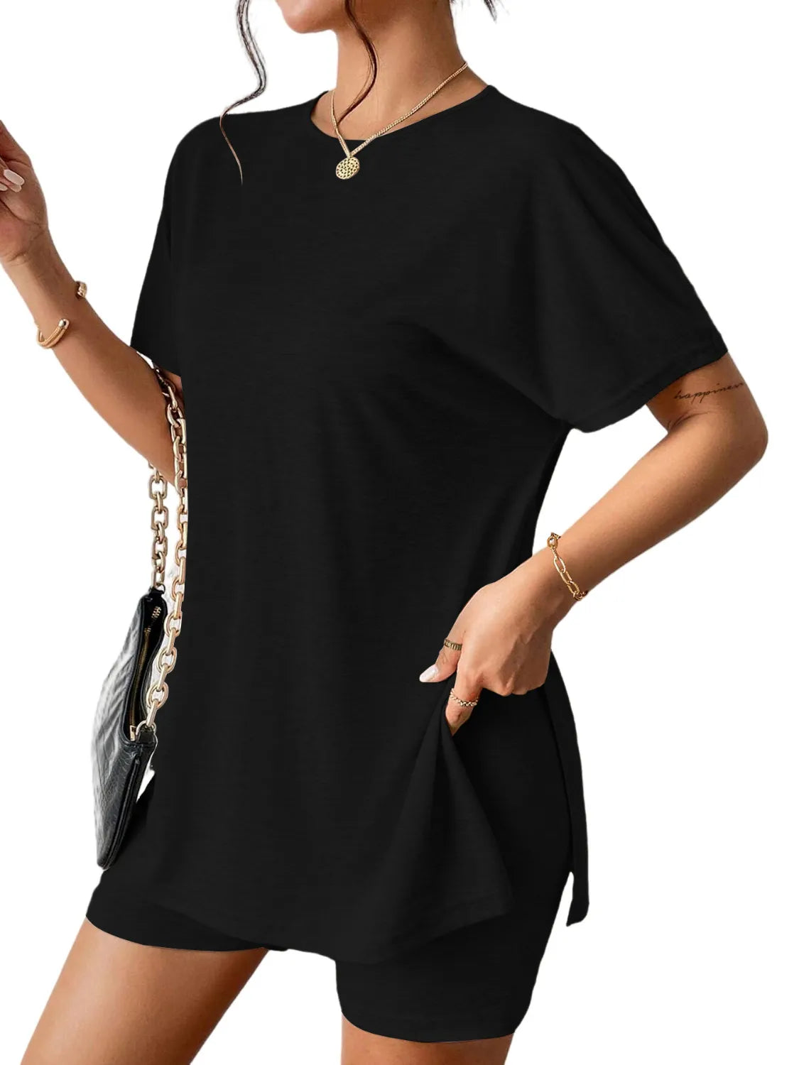 Slit Round Neck Short Sleeve Oversized Top and Shorts Set - felvior