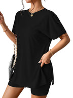Slit Round Neck Short Sleeve Oversized Top and Shorts Set
