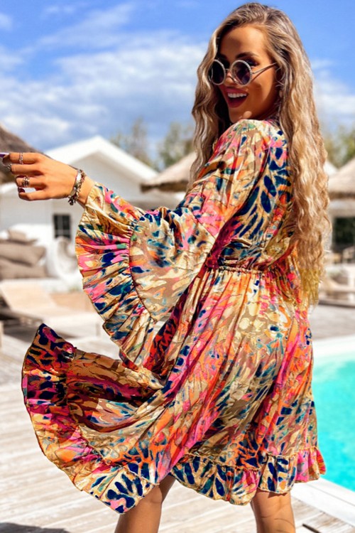 Printed Flare Sleeve Ruffled Hem Dress Secondary image