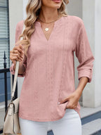 Eyelet Notched Roll-Tab Sleeve Top