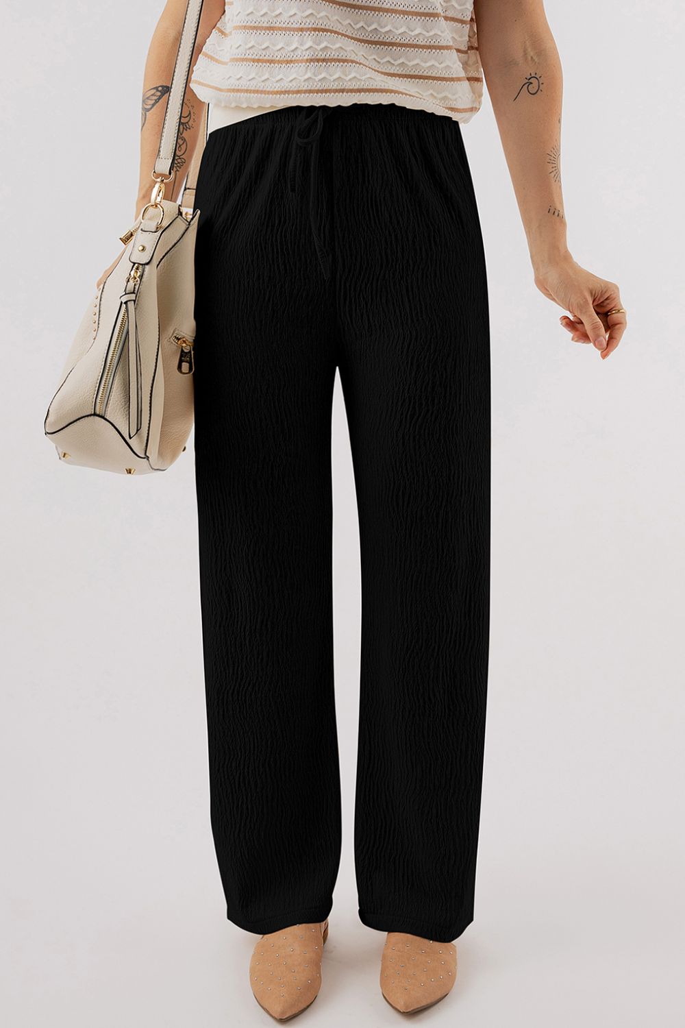 Textured Drawstring Straight Pants