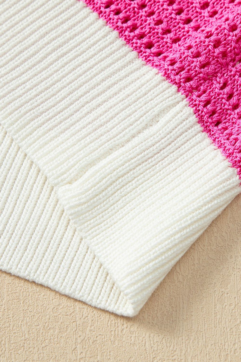 Color Block Crochet Ruffled Short Sleeve Knit Top