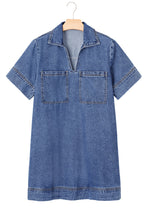 Short Sleeve Collared Patched Pocket Denim Mini Dress