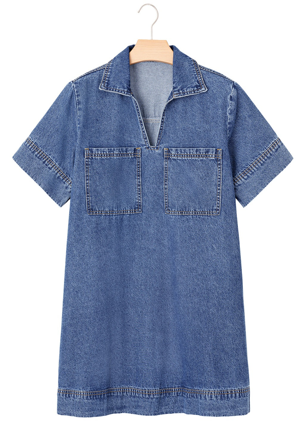 Short Sleeve Collared Patched Pocket Denim Mini Dress