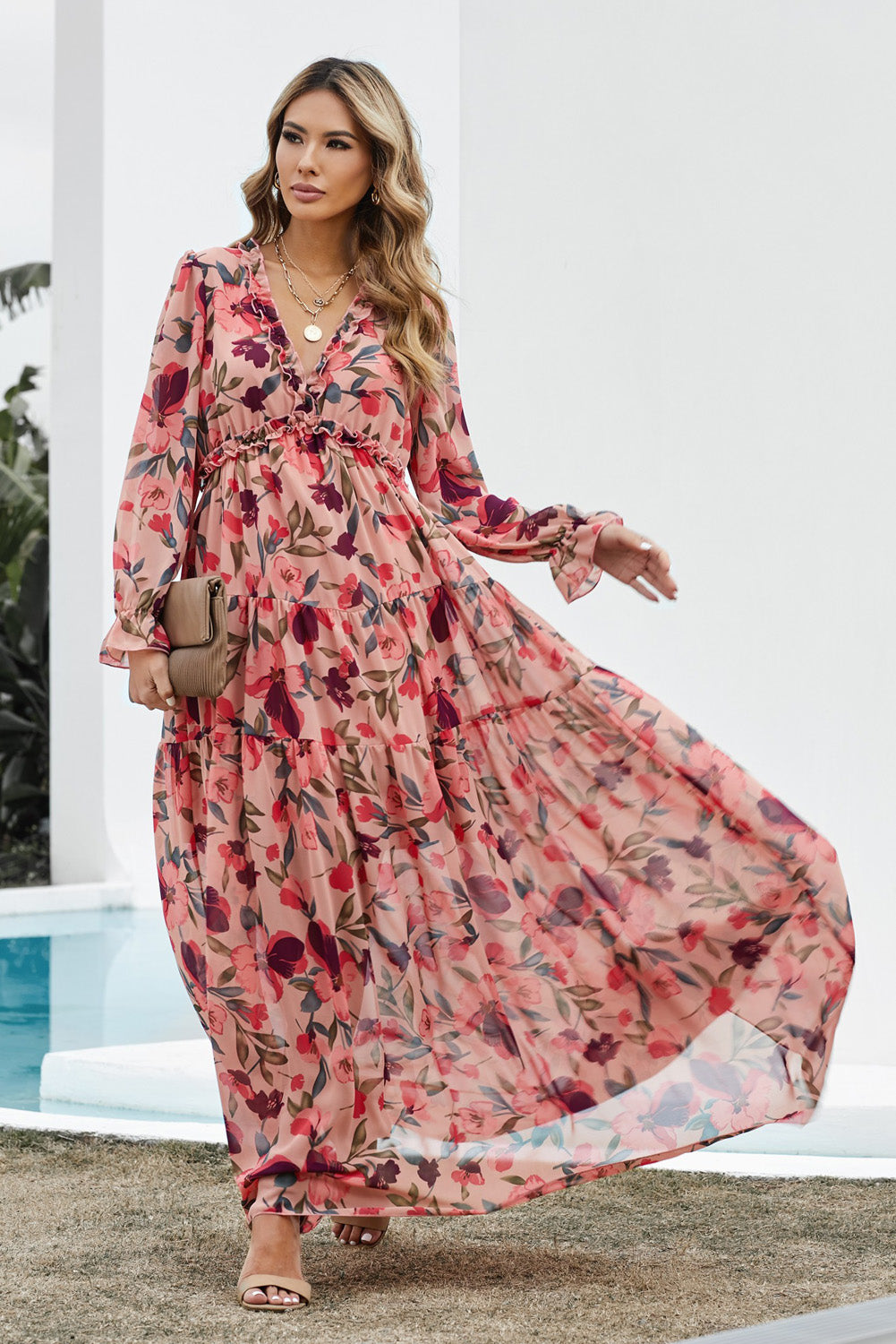 Floral Frill Trim Flounce Sleeve Plunge Maxi Dress - felvior
