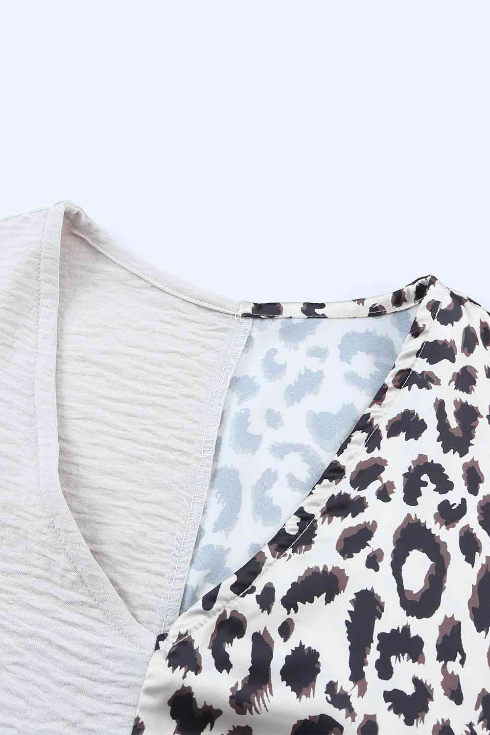 Leopard Color Block V-Neck Blouse - felvior