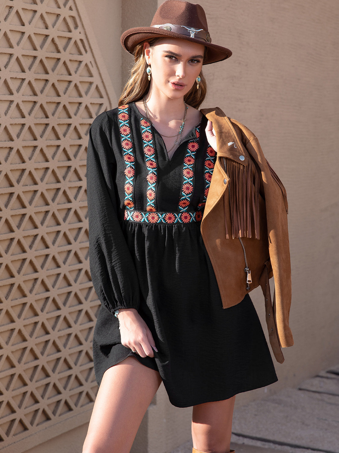 Notched Neck Long Sleeve Printed Mini Dress - felvior