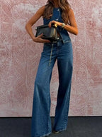 Button Down Vest and Flare Jeans Denim Set