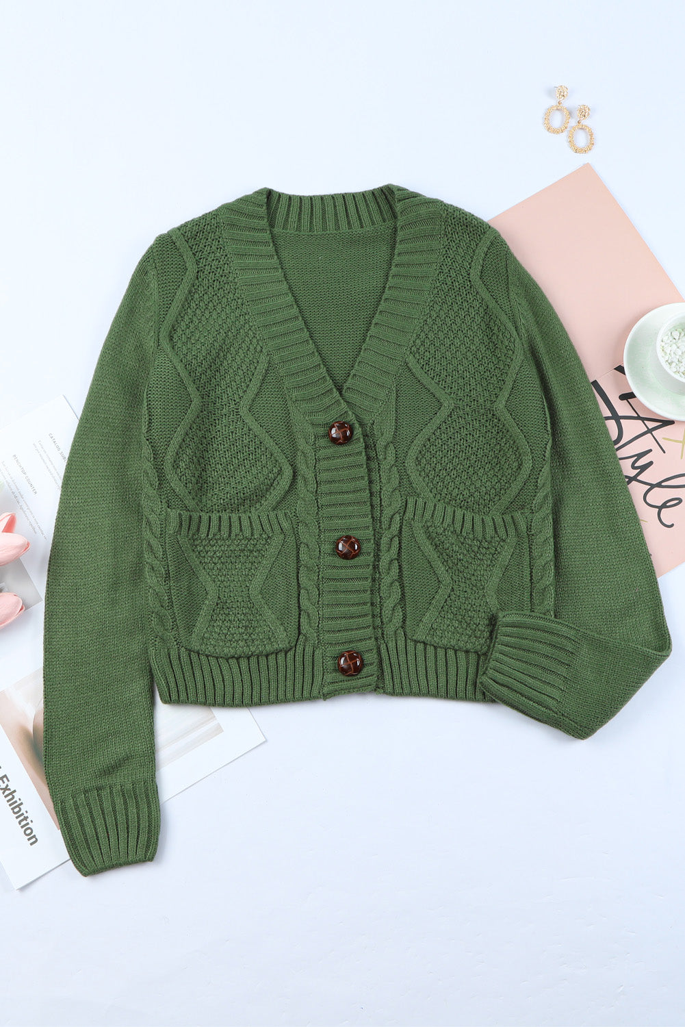 Cable-Knit Button Down V-Neck Cardigan - felvior