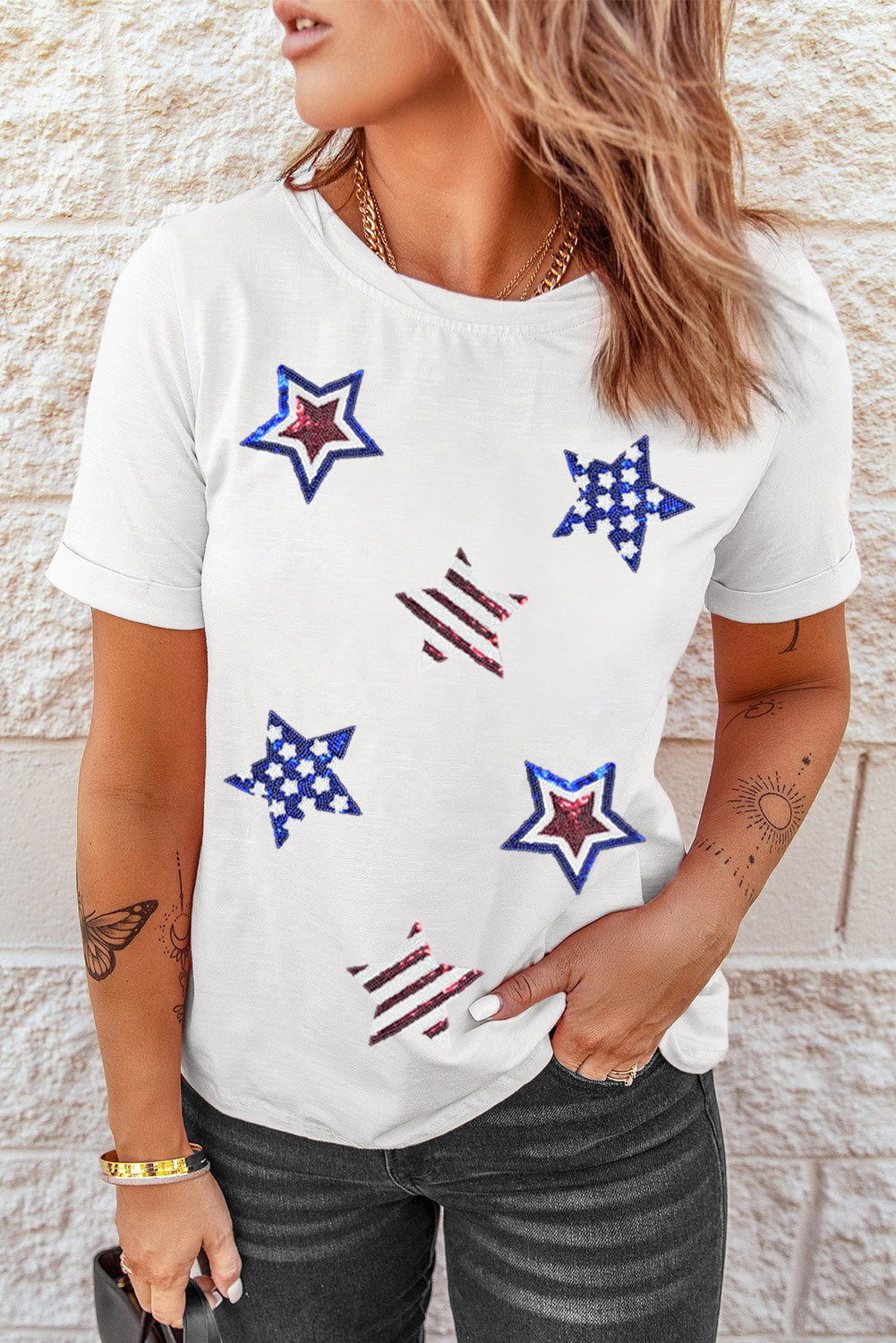 Sequin Star Round Neck Short Sleeve T-Shirt Image principale du produit
