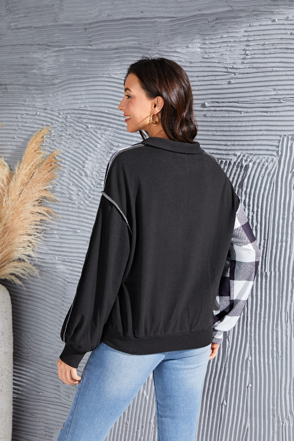 Plaid Exposed Seam Long Sleeve Blouse - felvior