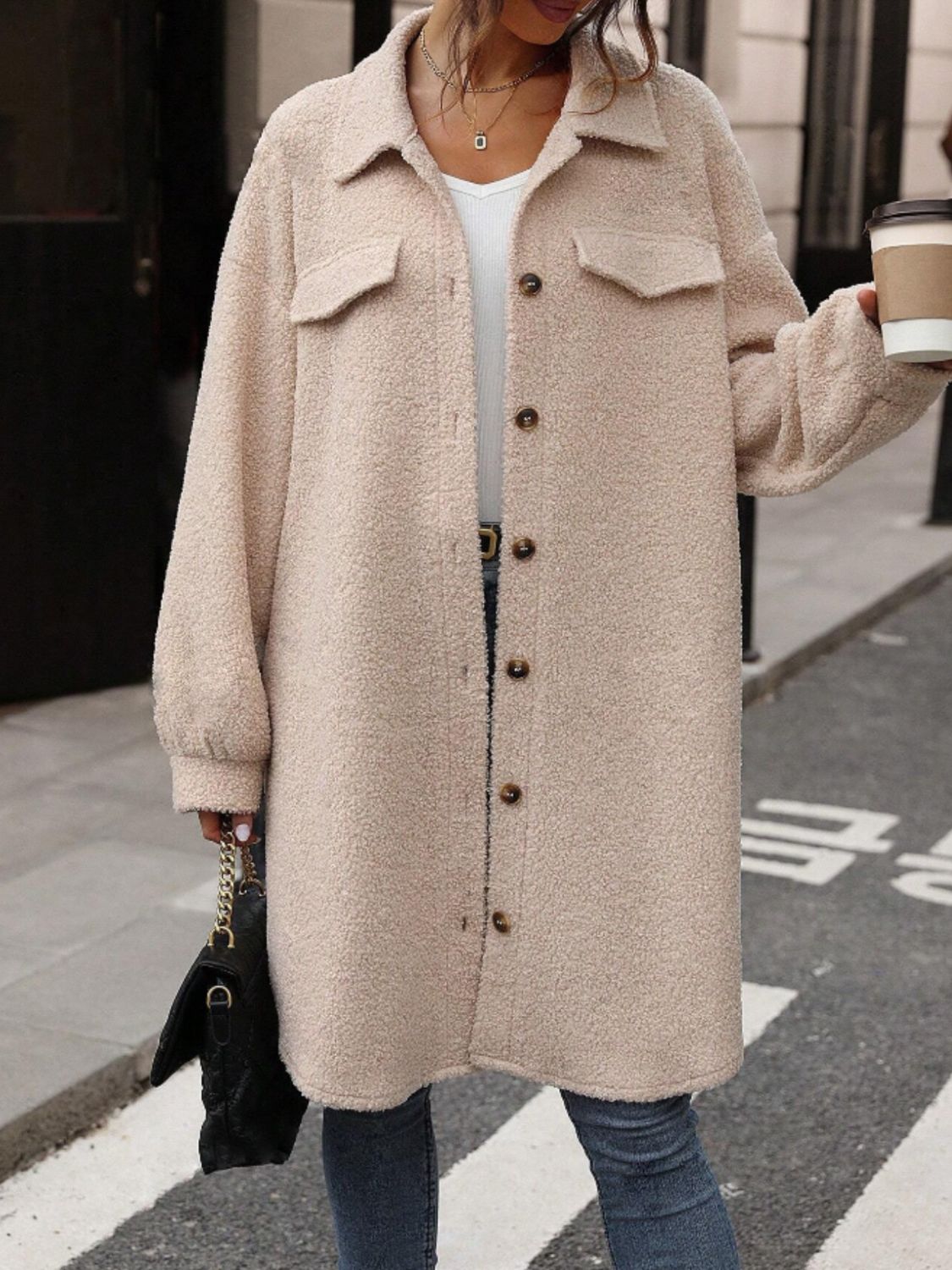 Button Up Drop Shoulder Sherpa Coat - felvior