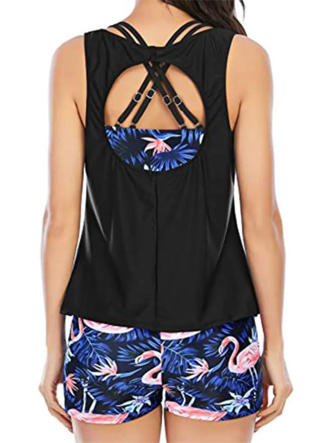 Cutout Printed Round Neck Three-Piece Swim Set - felvior