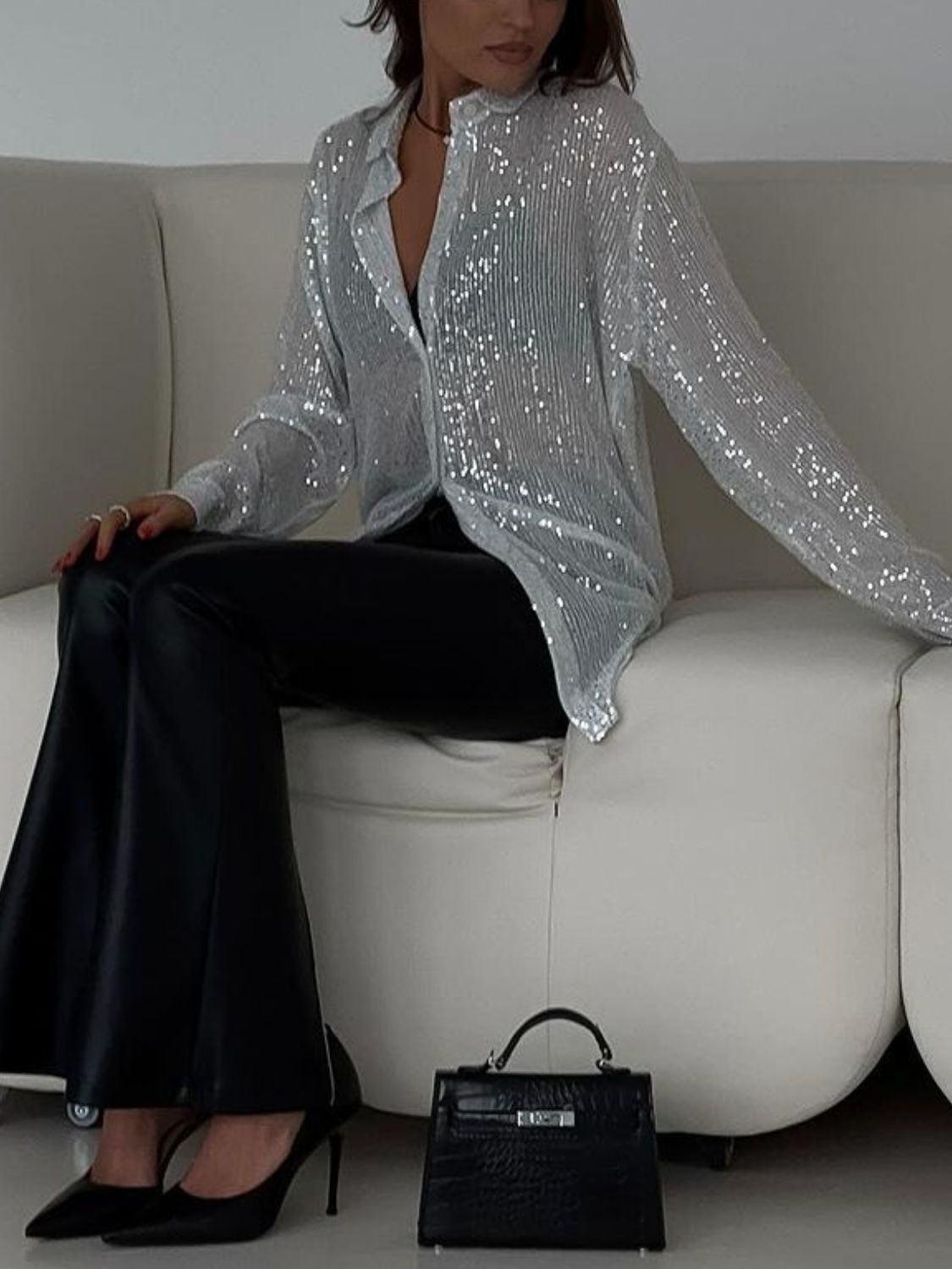 Sequin Button Up Long Sleeve Shirt - felvior