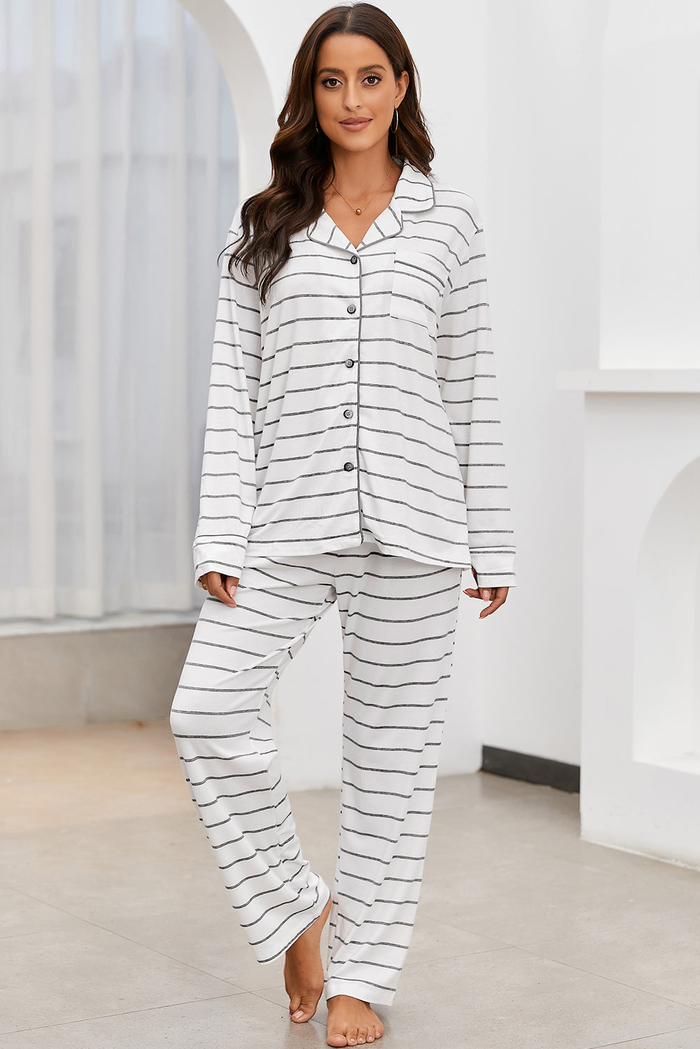 Striped V-Neck Long Sleeve Top and Pants Lounge Set Image principale du produit