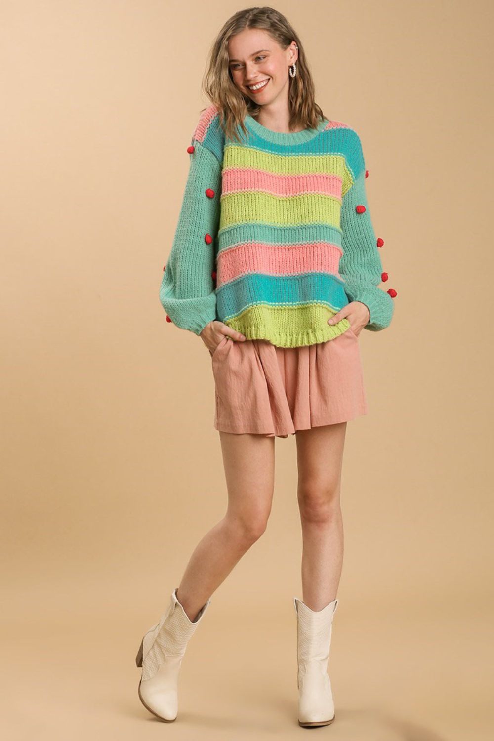 Umgee Full Size Color Block Cable Knit Sweater with Pom Pom Plus Size - felvior