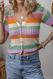 Contrast Striped V Neck Short Sleeve Pointelle Knit Top - felvior