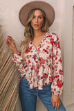 Floral V-Neck Drawstring Peplum Blouse - felvior