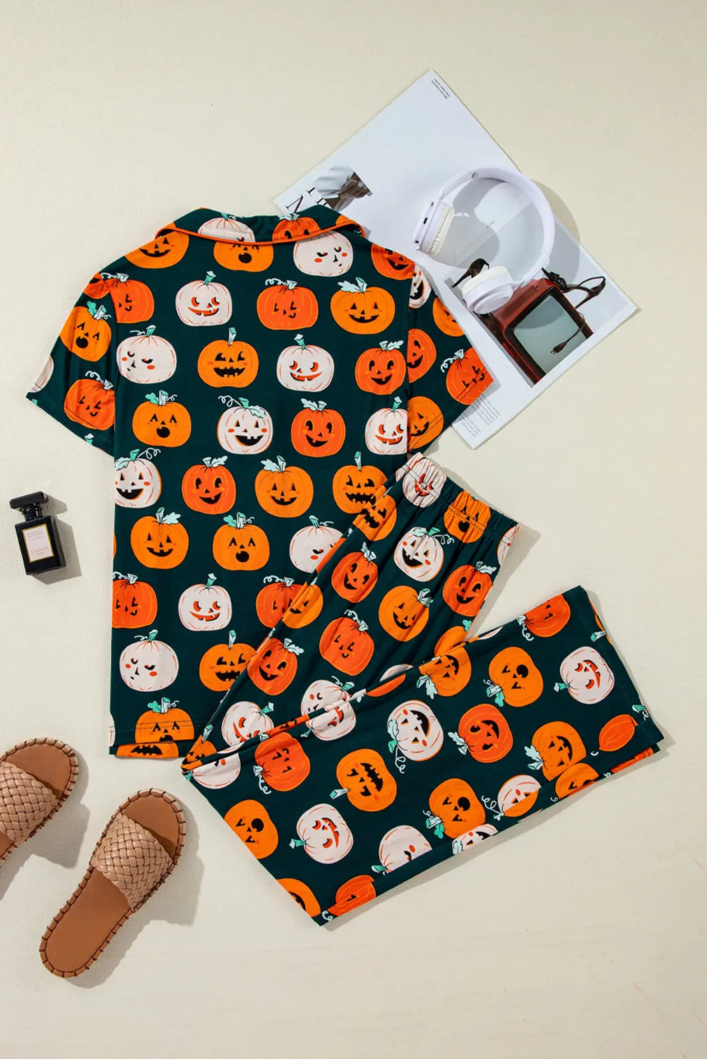 Pumpkin Printed Short Sleeve Top and Pants Lounge Set - felvior