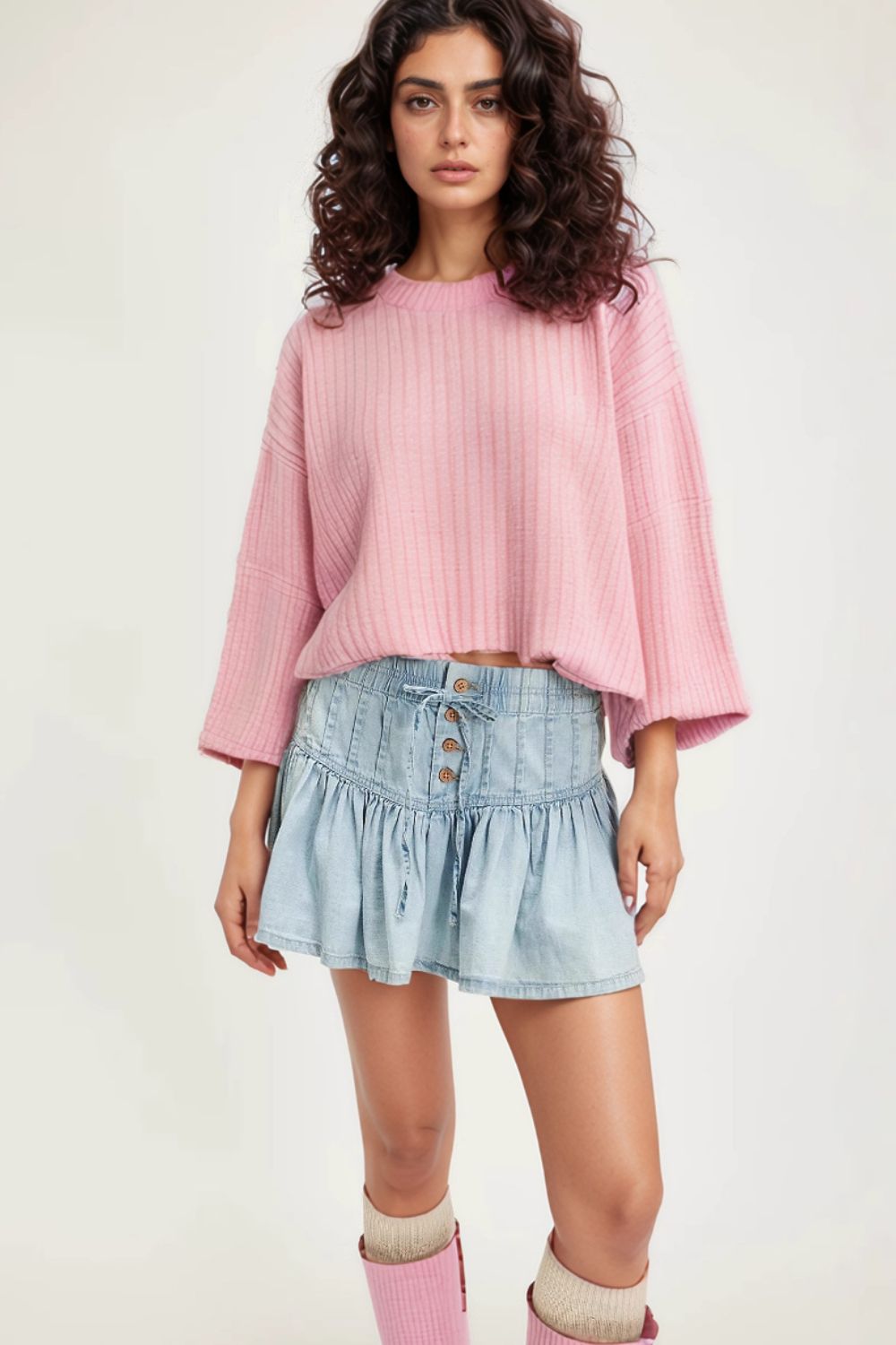 Buttoned Ruffled Mini Denim Skirt - felvior