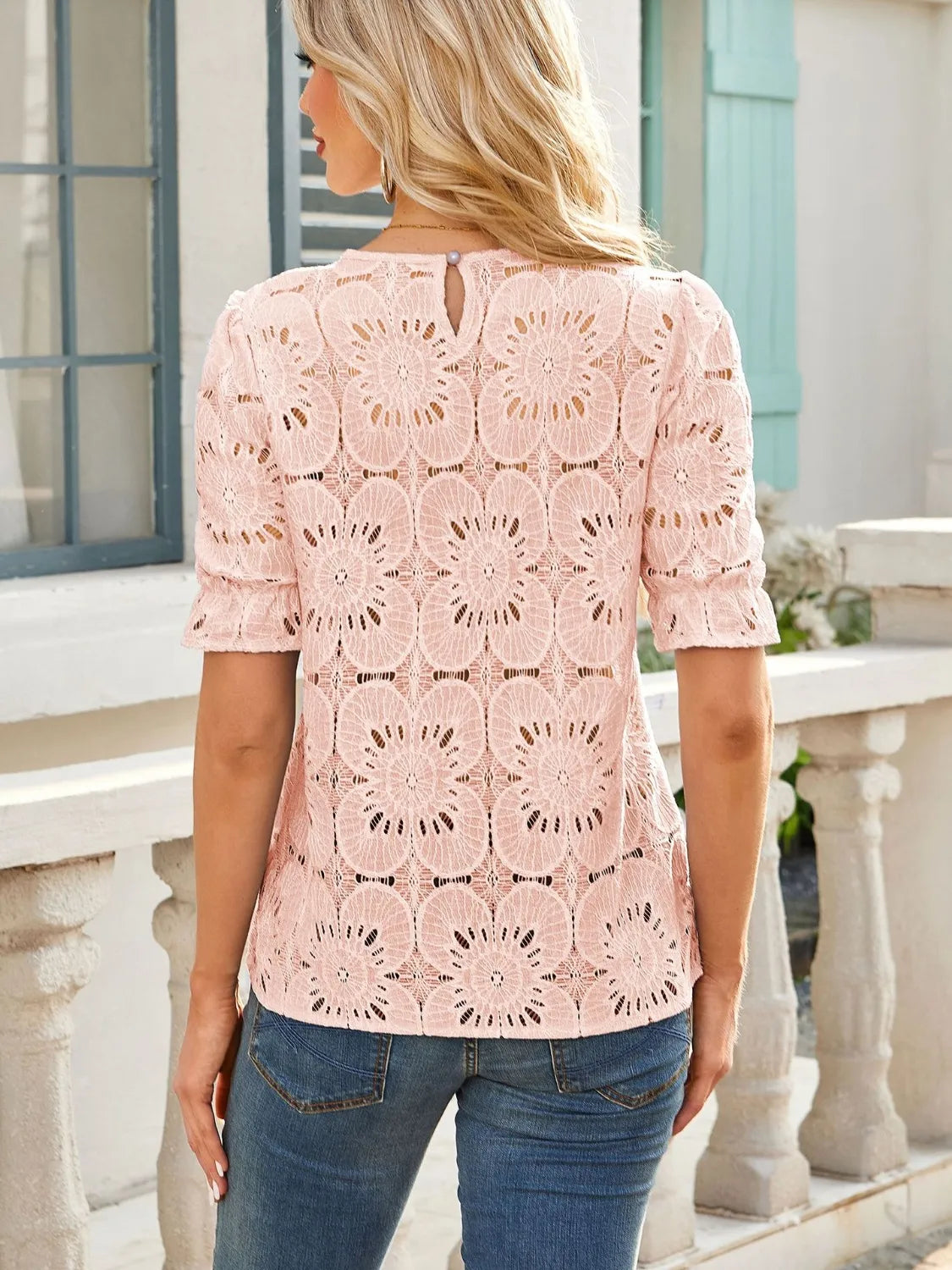 Openwork Round Neck Short Sleeve Top