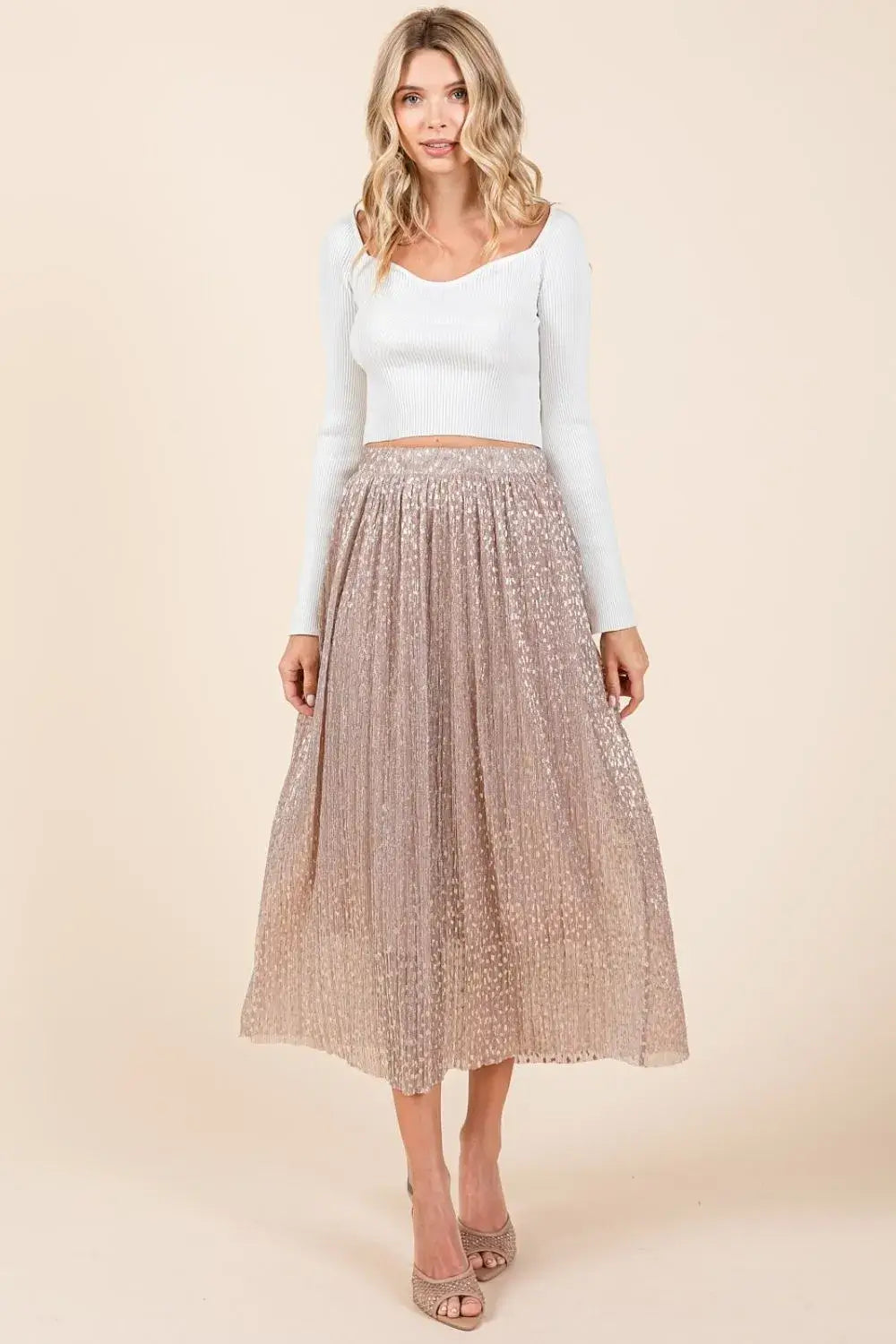 Mittoshop Metallic Glitter Speckle Print Elastic Midi Skirt