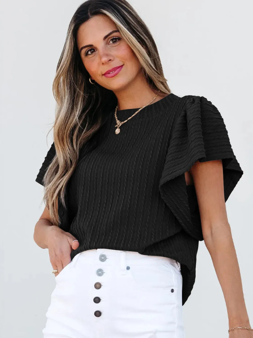 Round Neck Ruffle Sleeve Top