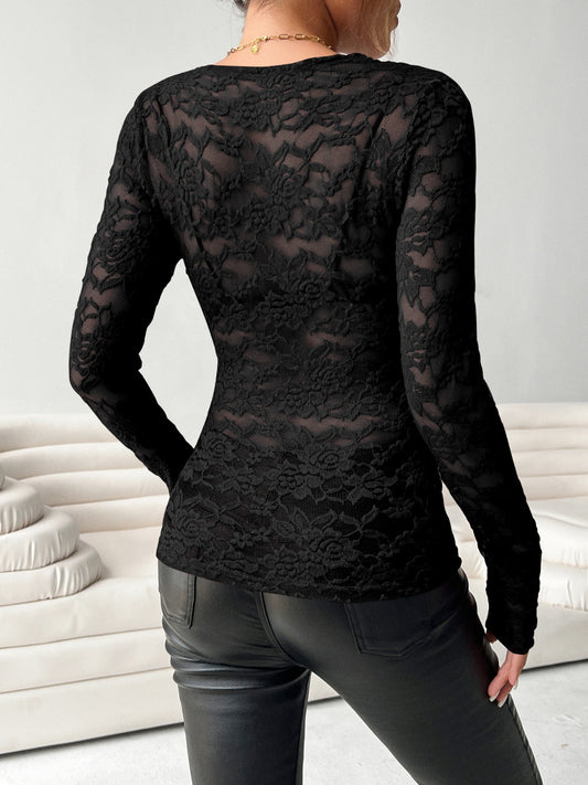 V-Neck Long Sleeve Lace Top - felvior