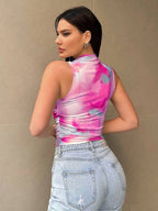 Printed Mock Neck Ruched Tank