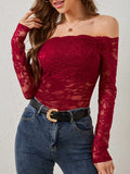 Off-Shoulder Long Sleeve Lace Top - felvior