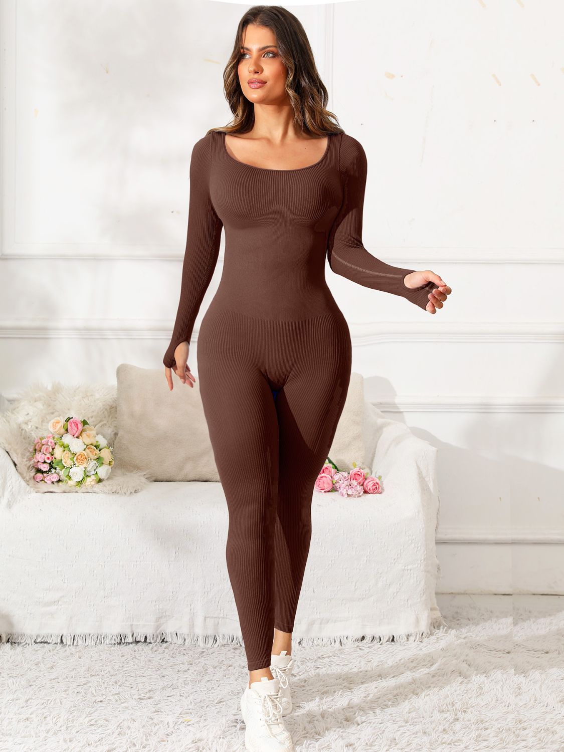 Scoop Neck Long Sleeve Active Jumpsuit - felvior
