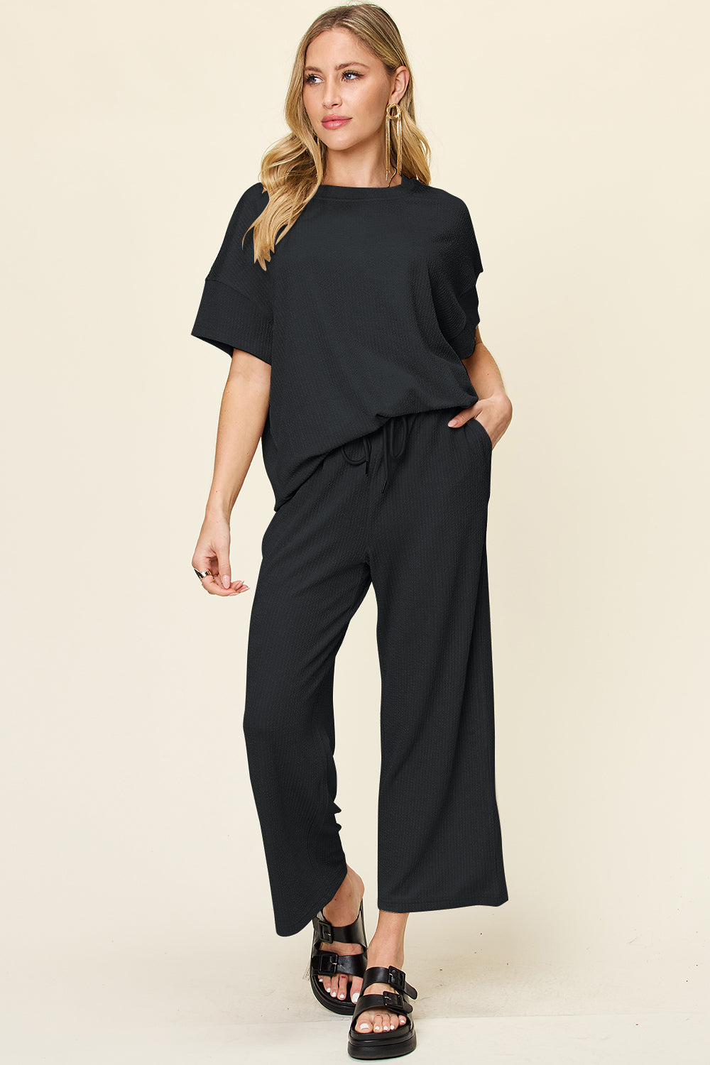Double Take Full Size Texture Round Neck Short Sleeve T-Shirt and Wide Leg Pants - felvior